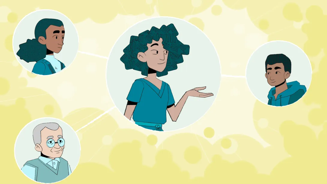 Illustration of four people in dialogue